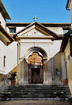Church of Santo Stefano in Alatri ,beautiful exterior with wooden portal and staircase