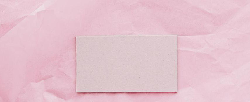 Business card flatlay on pink tissue paper background, luxury branding flat lay and brand identity design for mockups