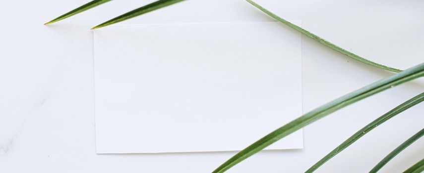 White card flatlay and green exotic leaf, luxury branding flat lay and brand identity design for mockups
