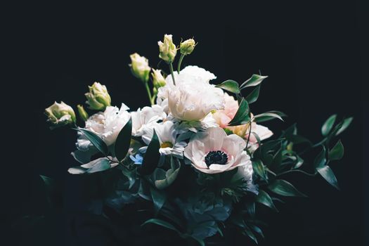 Flower bouquet on black background, beautiful floral arrangement, creative flowers and floristic design ideas