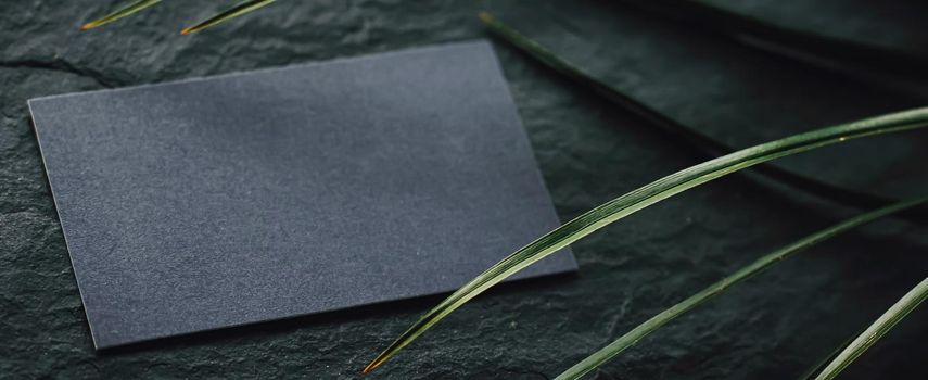 Black business card flatlay on dark stone background and green exotic leaf, luxury branding flat lay and brand identity design for mockups