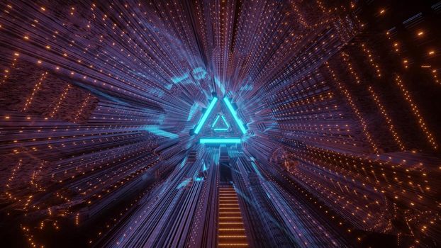3D illustration of geometric tunnel with triangle ornament and distorted bright neon illumination