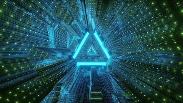3D illustration of triangle shaped geometric tunnel illuminated with bright blue neon lights