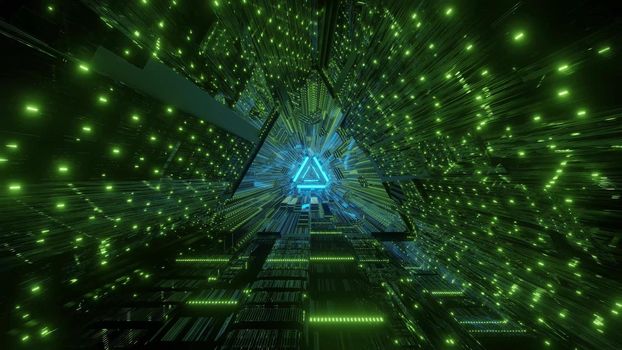 Abstract 3D illustration of triangle shaped tunnel illuminated with bright green neon lights