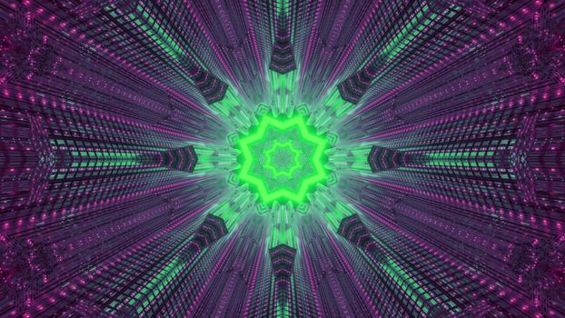 Symmetric 3D illustration of abstract surreal ornament glowing with bright green and purple neon lights