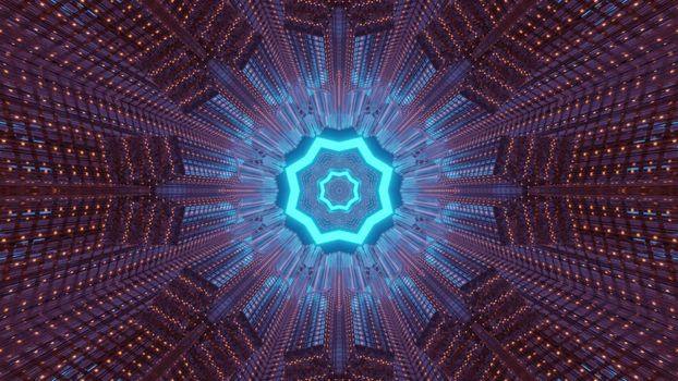 3D illustration of bright neon lights forming tunnel around blue star shaped ornament