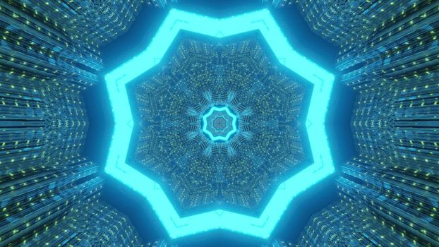 Abstract visual background 3d illustration of sci fi tunnel with geometric star shaped holes glowing in blue neon lights