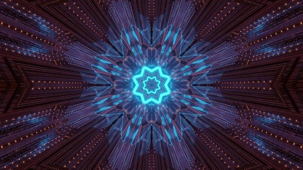 Abstract futuristic hi tech background 3d illustration with shiny blue neon geometric star and gleaming light beams inside of dark tunnel
