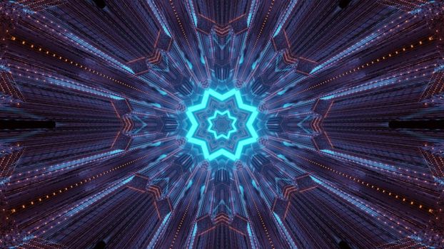Colorful 3d illustration abstract sci fi background with glowing blue geometric star and neon purple light traces inside of endless futuristic tunnel