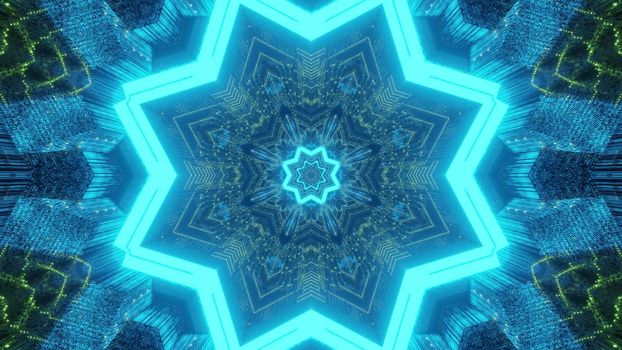 Abstract geometrical background 3d illustration of futuristic tunnel with star shaped holes and kaleidoscopic design in glowing blue and green neon lights