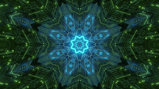 Abstract futuristic technology background 3d illustration with symmetrical geometric design and glowing neon illumination inside of virtual world tunnel