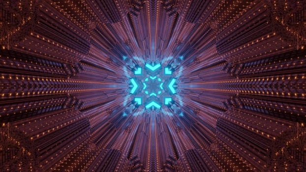 Abstract sci fi background 3d illustration of tunnel perspective with shiny blue geometric holes and metallic panels with blinking red lights