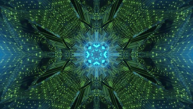 Abstract hi tech background 3d illustration in green and blue neon colors with glowing geometric pattern and light reflections in futuristic style tunnel