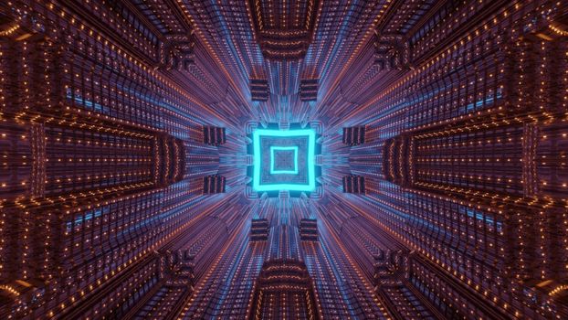 Abstract geometrical background 3d illustration of illuminated corridor of futuristic building with symmetrical square shaped design and neon illumination