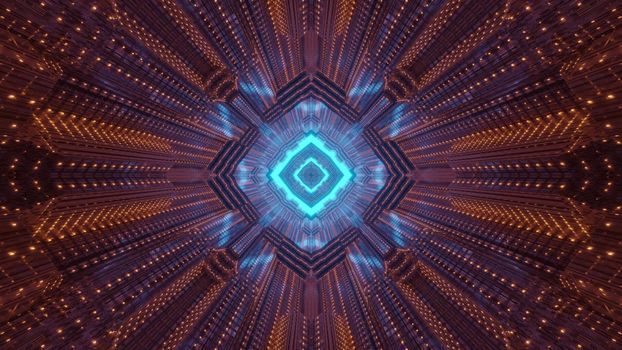 Abstract futuristic background 3d illustration of virtual world tunnel with geometric shapes and shiny neon lights in blue and red colors