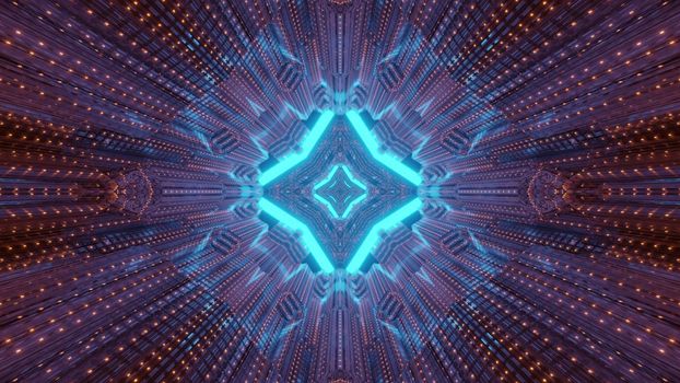 Abstract sci fi background 3d illustration of futuristic passage with metallic panels reflecting bright neon lights of geometric shapes