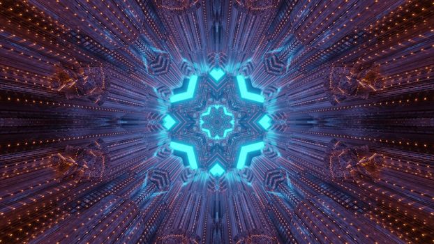 Abstract futuristic architecture and technology background 3d illustration inside of tunnel with blinking red lights and round shaped gateway with blue geometrical pattern