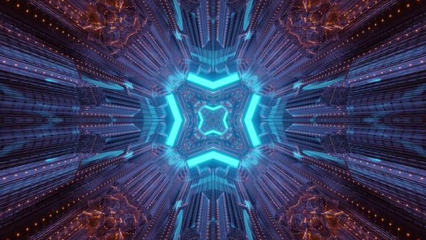 Abstract visual geometrical background 3d illustration of sci fi tunnel with shiny blue neon frames and light reflections