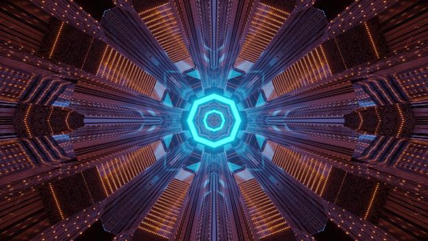 Futuristic technology and architecture concept background 3d illustration through illuminated tunnel with octagonal geometric design and colorful neon illumination