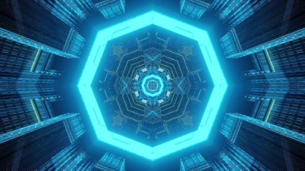 Abstract geometrical background 3d illustration through endless futuristic style tunnel with octagonal frames illuminated by bright neon lamps
