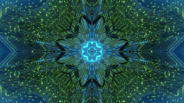 Abstract visual geometrical background 3d illustration of surreal tunnel with green and blue neon illumination and unusual shape for futuristic hi tech concept design