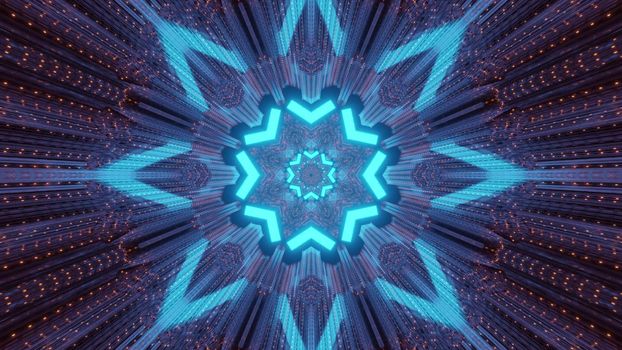 Colorful 3d illustration abstract futuristic tech background inside of illuminated tunnel with traces of blue neon rays in shape of geometric flower and metallic panels with light dots