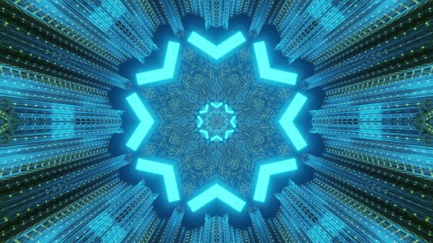 Bright 3d illustration abstract visual futuristic tech background through tunnel perspective with shiny neon triangles forming star shaped frame with light reflections