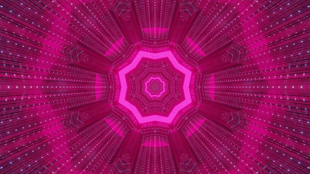 3D illustration of abstract symmetric ornament glowing with pink neon light and forming tunnel