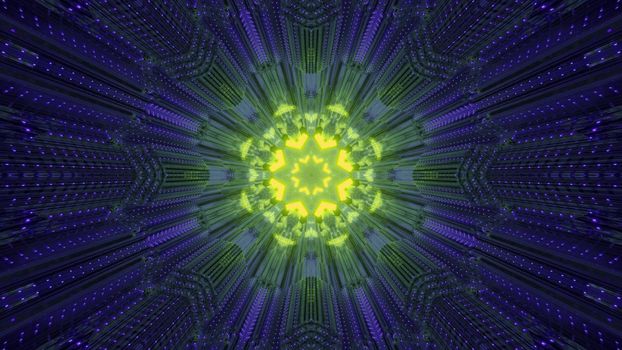Symmetric 3D illustration of bright yellow flower shaped ornament glowing inside dark blue neon tunnel