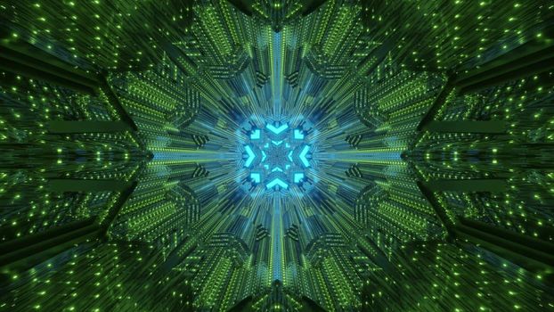 Abstract 3D illustration of symmetric tunnel with crystal walls illuminated with green neon light