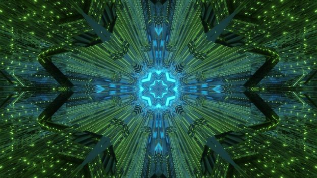 Symmetric 3D illustration of kaleidoscopic ornament shining with bright neon light and forming abstract tunnel