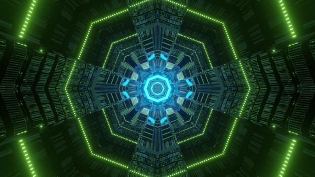 Symmetric 3D illustration of vivid neon lights forming octagon shaped ornament inside tunnel