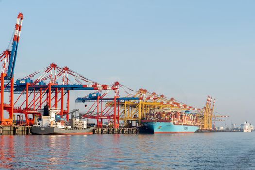 Bremerhaven, Geramny - September 15, 2020: Two Maersk container ships at the EUROGATE Container Terminal