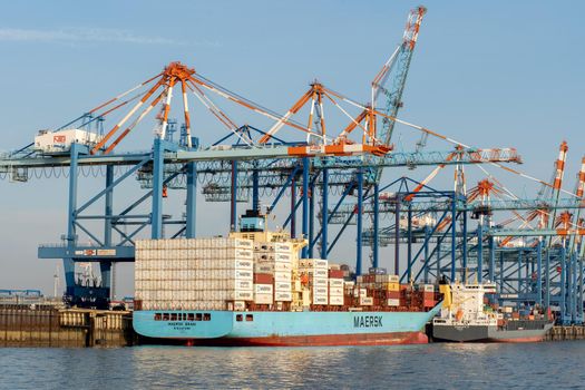 Bremerhaven, Geramny - September 15, 2020: Two Maersk container ships at the EUROGATE Container Terminal