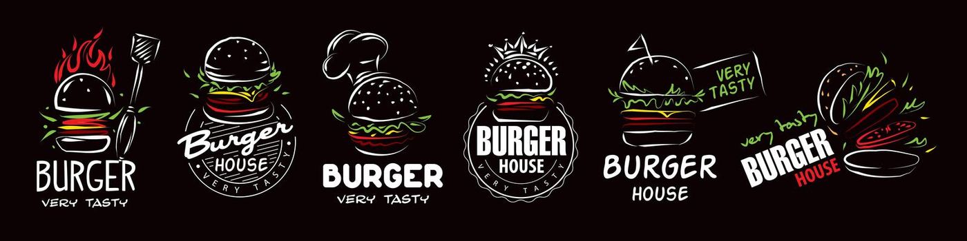 Hand drawn set of vector burger logos on black background.