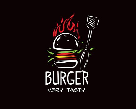 Hand drawn vector burger logo on black background.