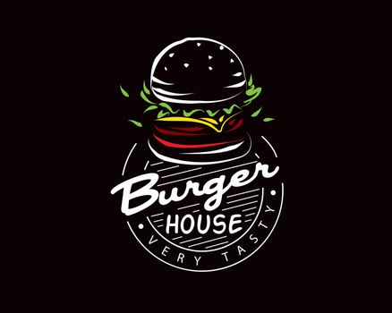 Hand drawn vector burger logo on black background.