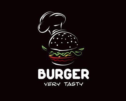 Hand drawn vector burger logo on black background.
