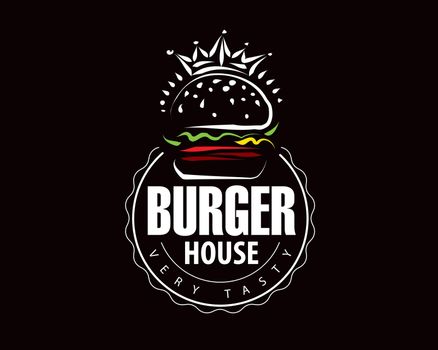 Hand drawn vector burger logo on black background.
