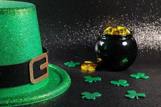 St Patrick's day green Leprechaun party hat with pot of gold and shamrock clovers