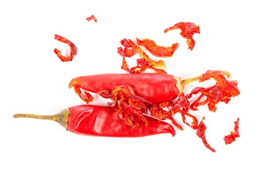 Dried red chili or chilli cayenne pepper isolated on white background