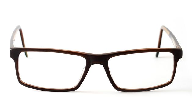 Closeup of brown modern eyeglasses on white background.