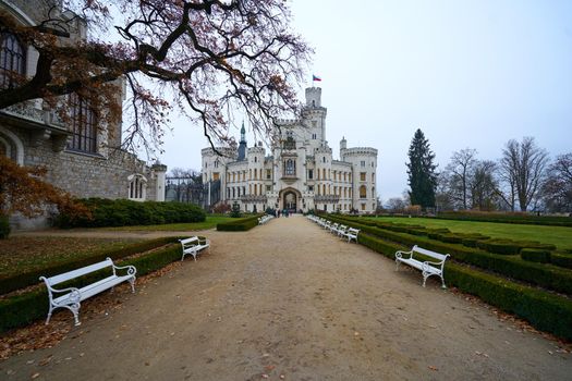 Hluboka nad Vltavou/ Czech Republic - November 24, 2019: Romantic white chateau Hluboka nad Vltavou