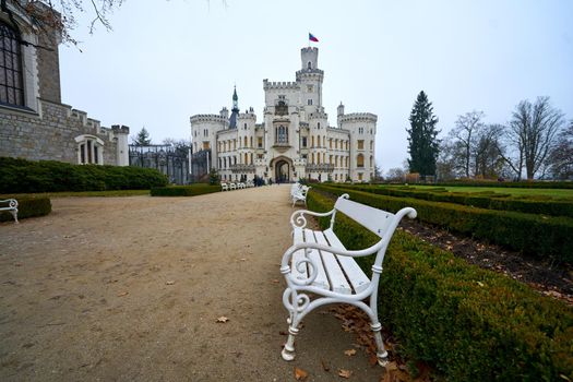 Hluboka nad Vltavou/ Czech Republic - November 24, 2019: Romantic white chateau Hluboka nad Vltavou