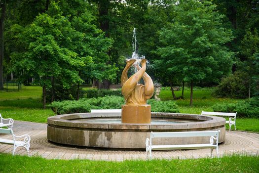 Frantiskovy Lazne, Czech Republic - June 14 2020: Water fountain with sculpture of fish