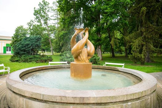 Frantiskovy Lazne, Czech Republic - June 14 2020: Water fountain with sculpture of fish