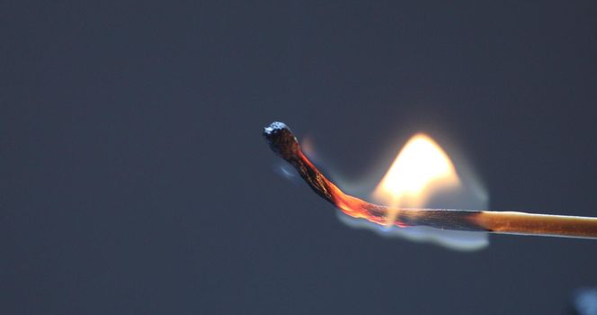 Matchstick burns with a flame and bends upward blackening