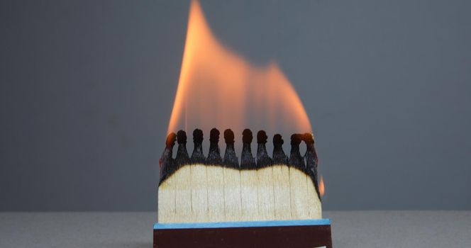 Matchsticks burns with a flame and bends upward blackening