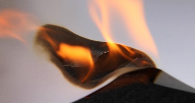dark area of ​​fire spreads and paper burns in a blazing flame