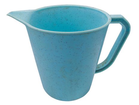 Old dirty blue plastic watering-pot isolated on white background